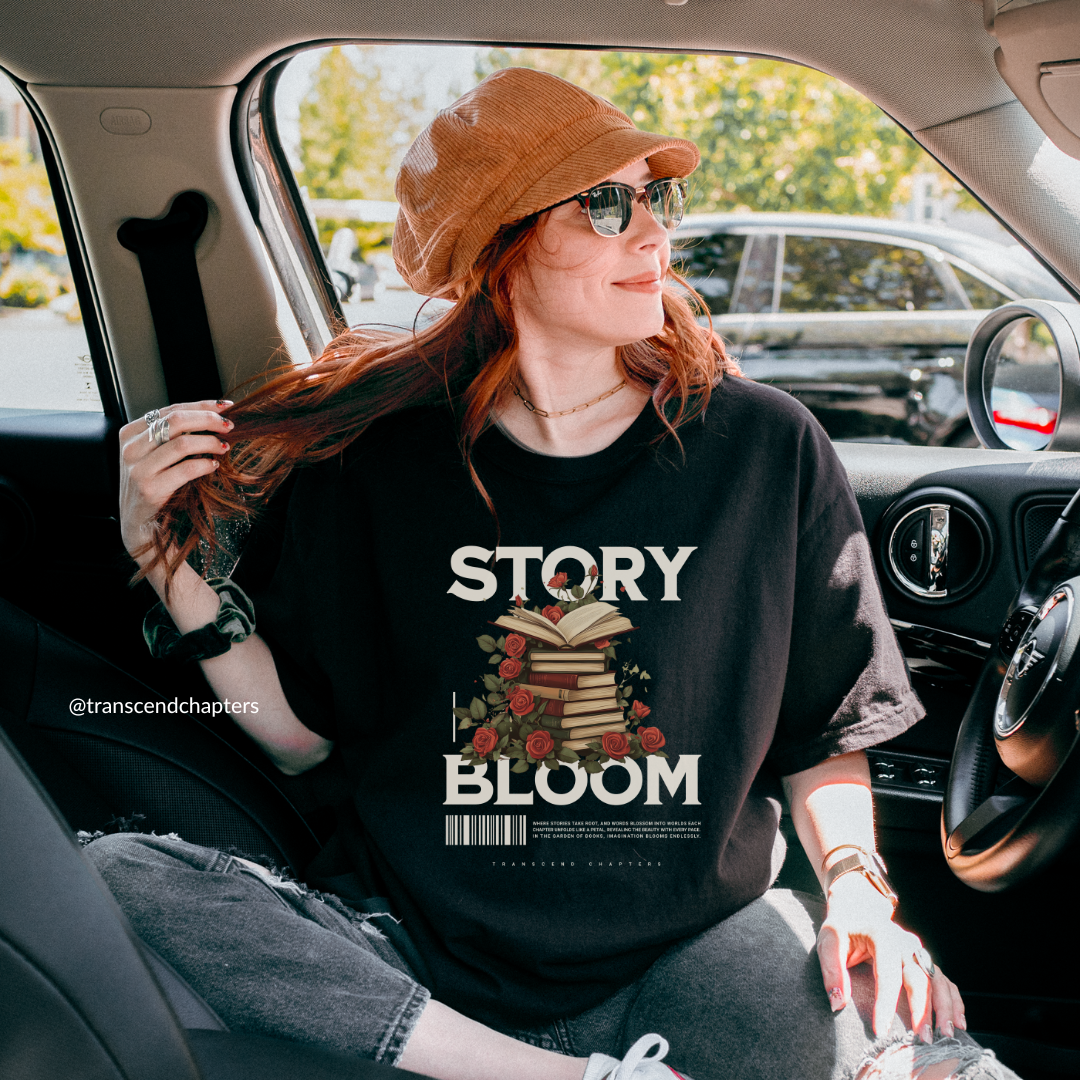 Story Bloom T-Shirt by Transcend Chapters featuring a stack of books with roses. Shop book merch at transcendchapters.com